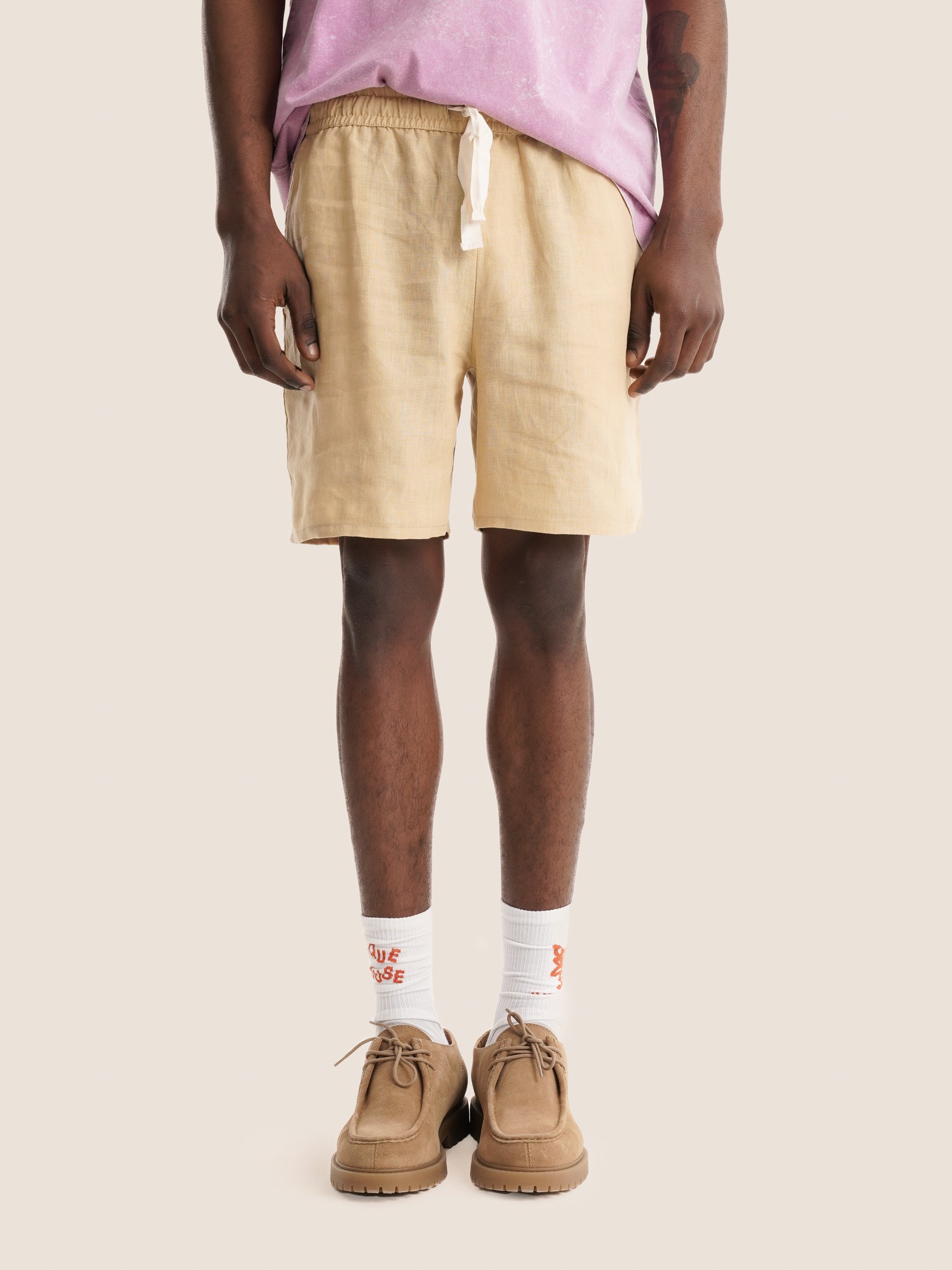 CAMEL LINEN SHORTS